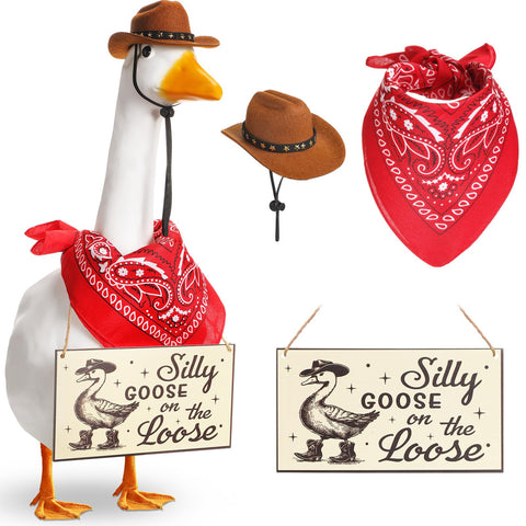 Silicherry cowboy hat on goose for festive porch decor and curb appeal.