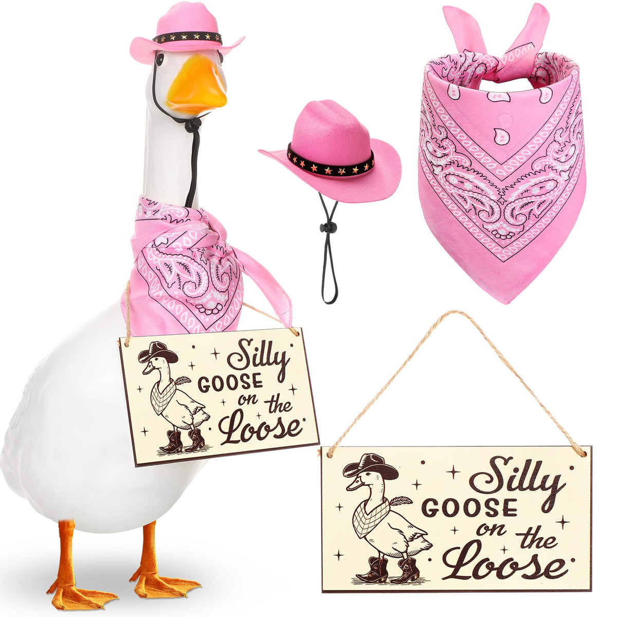 Silicherry funny porch goose outfit with cowboy hat and bandana for vibrant lawn decor.