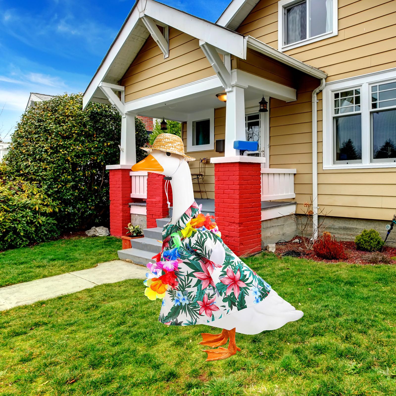 Silicherry goose outfit enhances outdoor garden decor and luau vibe