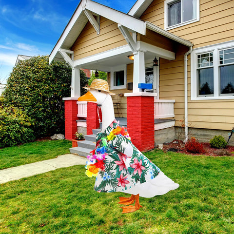 Silicherry goose outfit enhances outdoor garden decor and luau vibe