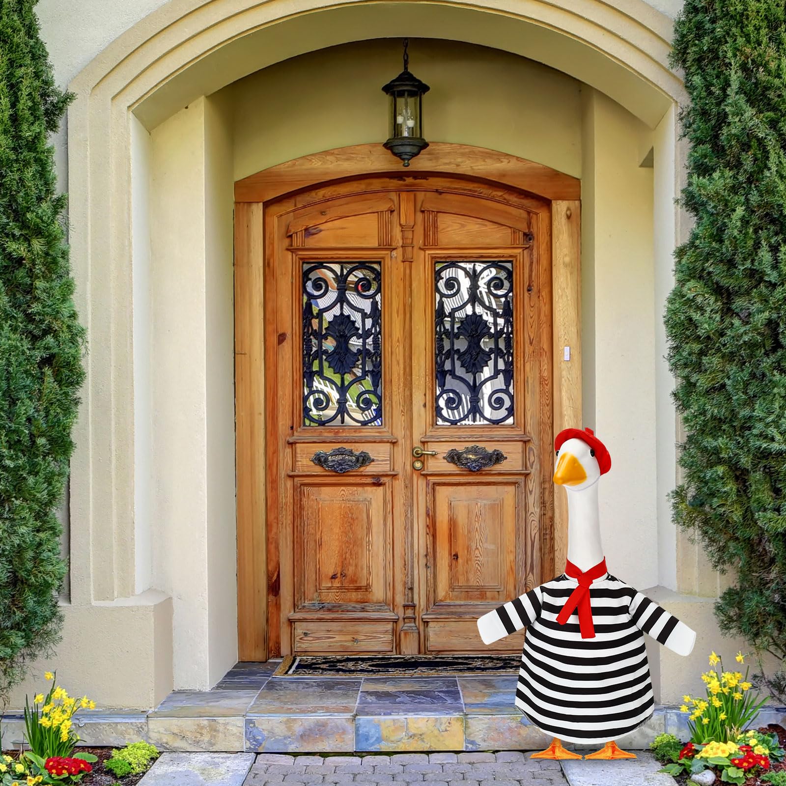 Silicherry black-white-stripe goose outfit creates bold, eye-catching porch decor.
