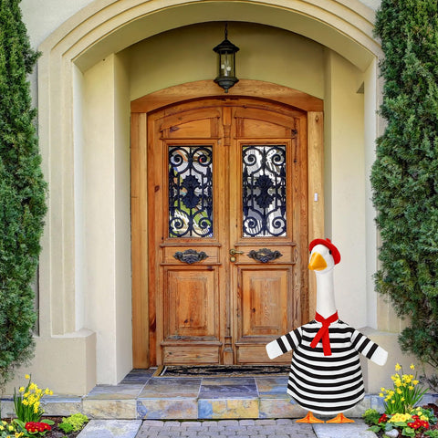 Silicherry black-white-stripe goose outfit creates bold, eye-catching porch decor.