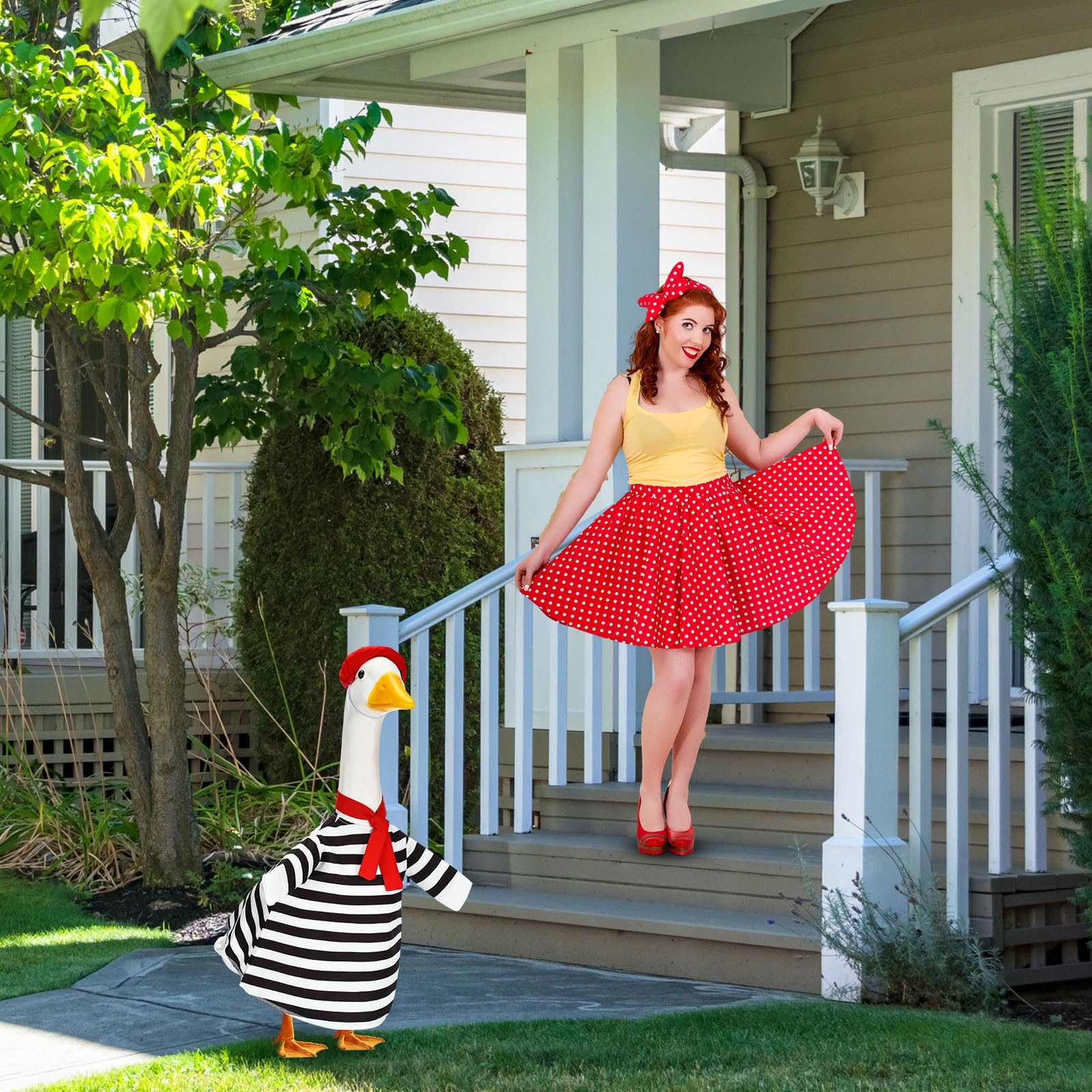 Silicherry outdoor goose ensemble elevates porches with festive display.