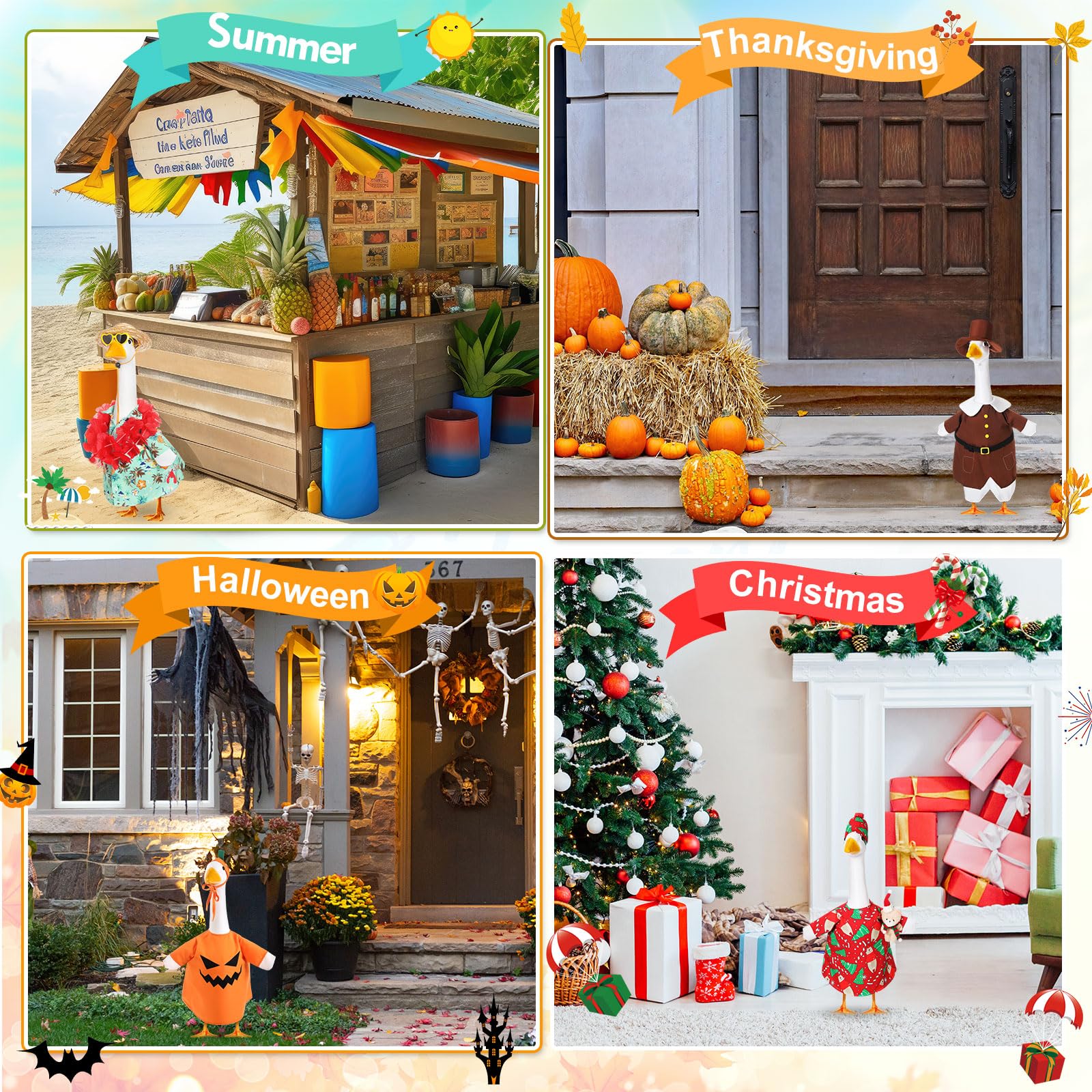 Silicherry goose outfit, Christmas trees, festive porch accent