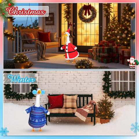 Silicherry Halloween and Christmas goose outfits create year-round whimsy for porch statues.