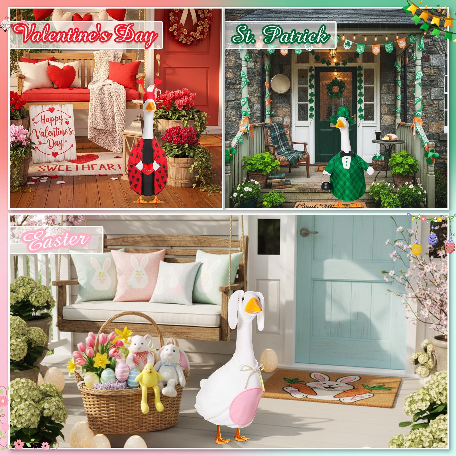 Silicherry St. Patrick's goose outfit brings shamrock accents to the porch.