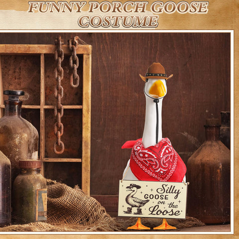 Silicherry porch goose costume set complements cement or plastic geese.