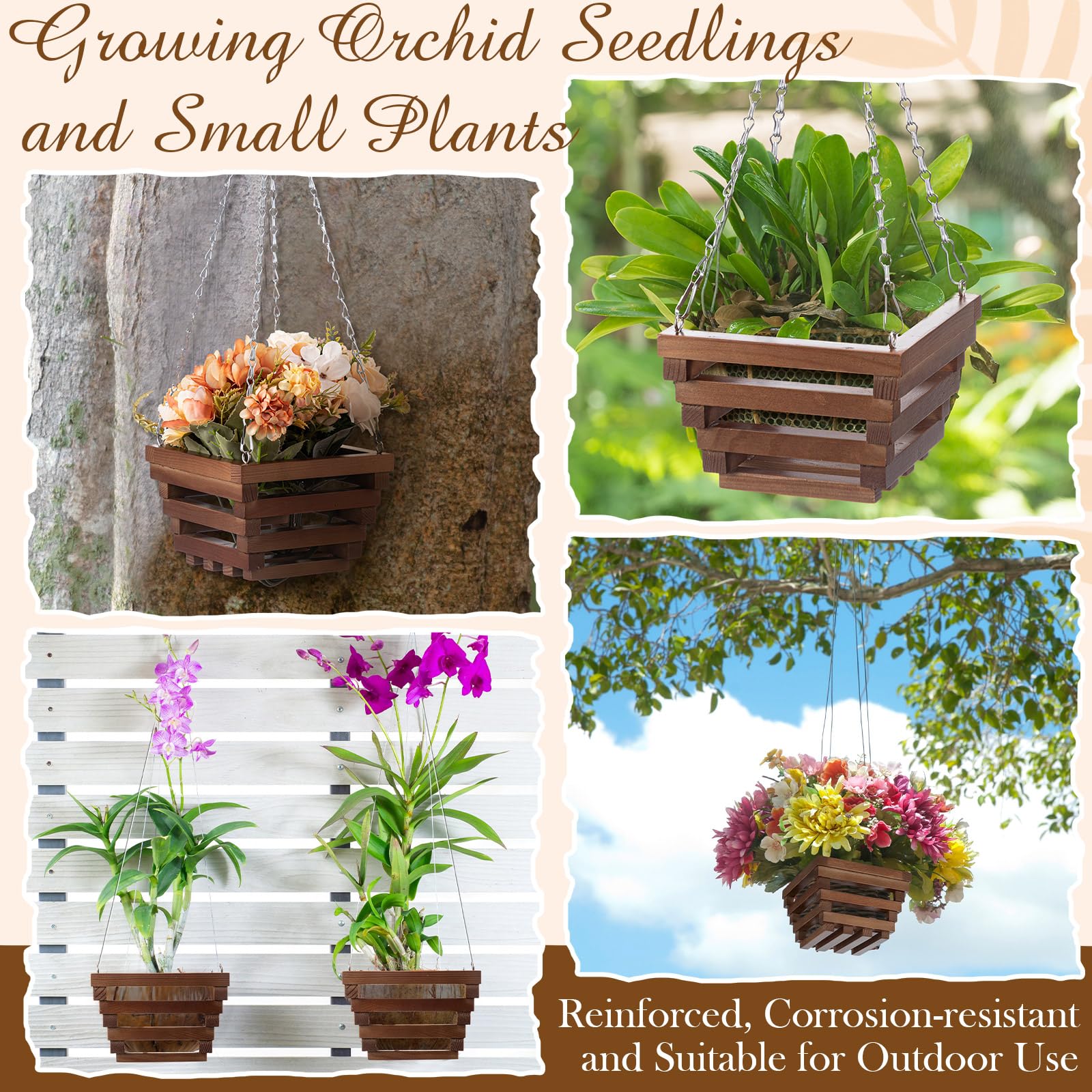 SiliFine wooden planter for orchids and small plants on balconies or desks.