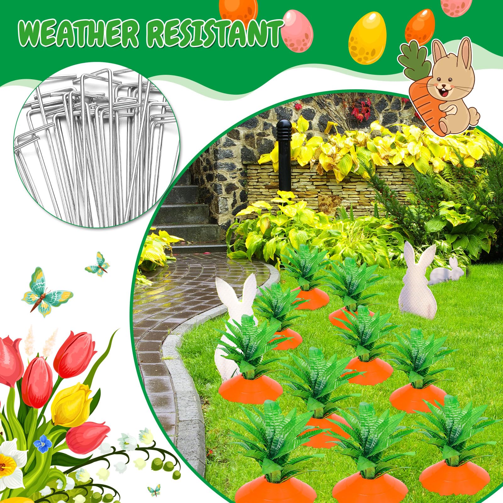 Silipull steel ground spikes secure each carrot stake firmly.