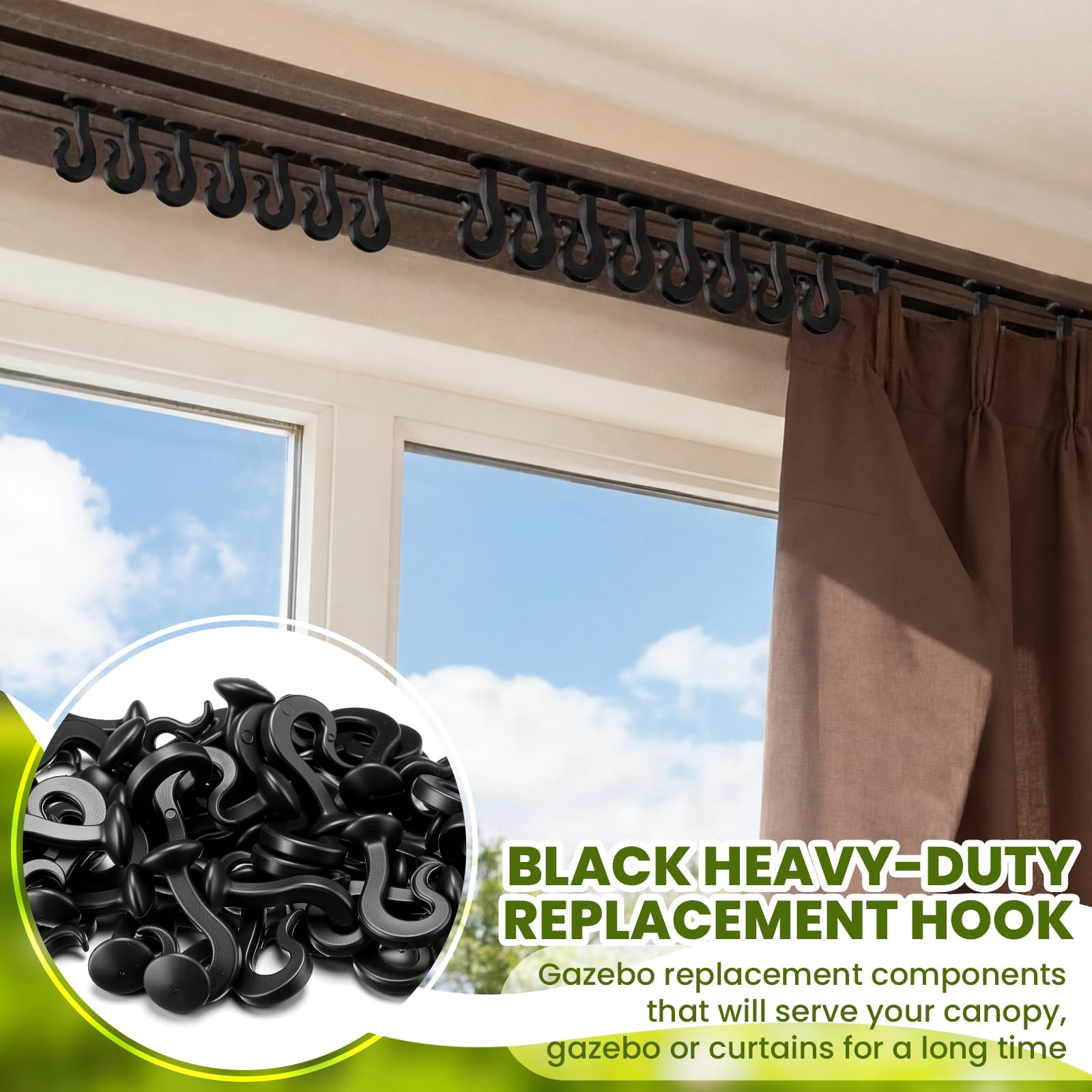 Silkfly black gazebo curtain hook installed on track for secure drape.