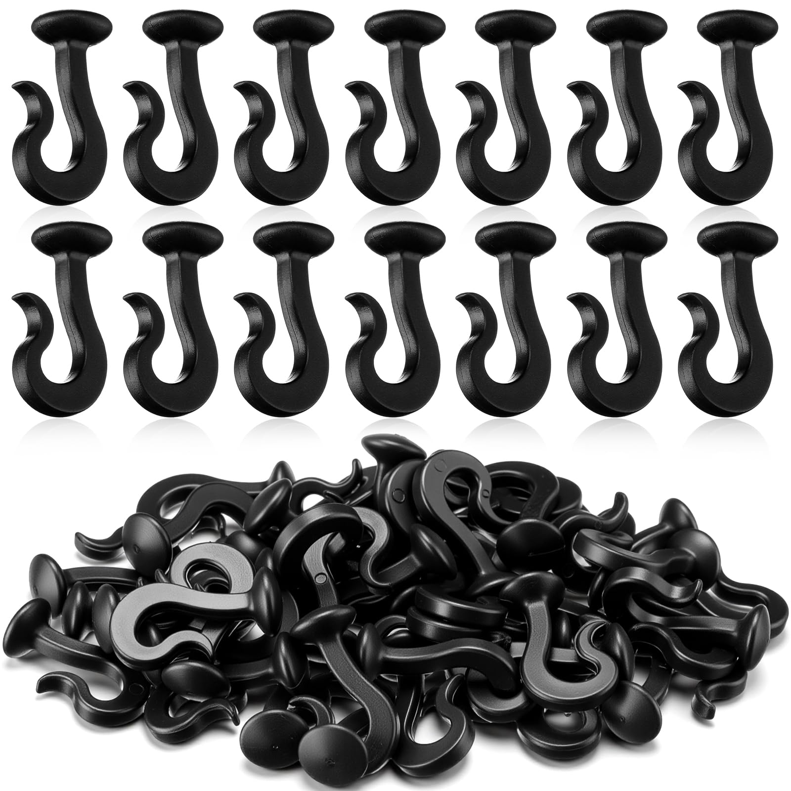 Silkfly gazebo curtain hooks in black, 50-pack, for durable track mounting.