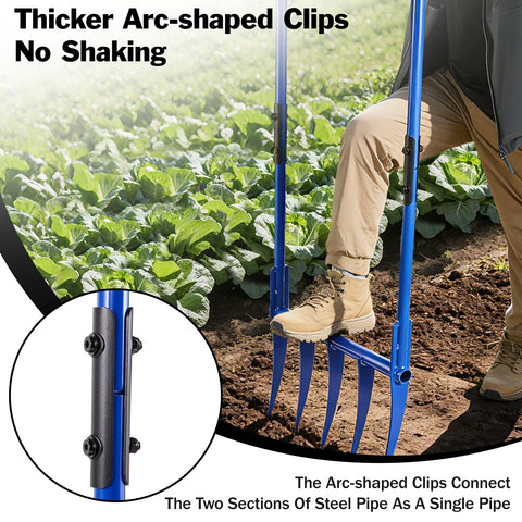 Silkpe 56in broadfork cambered tines slicing through dense soil