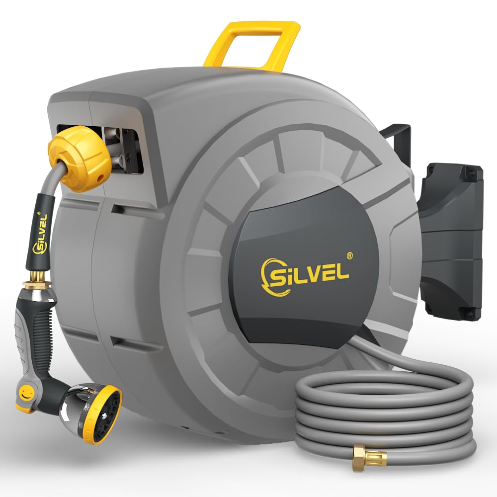 SILVEL retractable hose reel with 110ft hose for easy watering and tidy storage