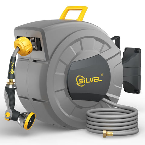 SILVEL retractable hose reel with 110ft hose for easy watering and tidy storage