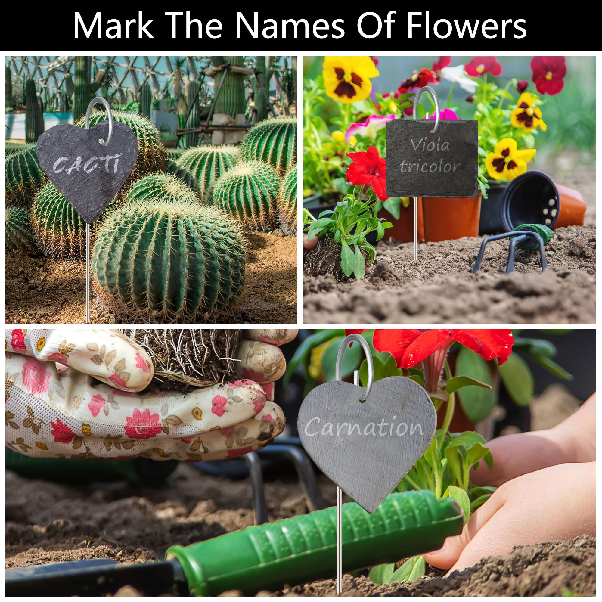Plant sign supports for flowers and planters held by sturdy hooks
