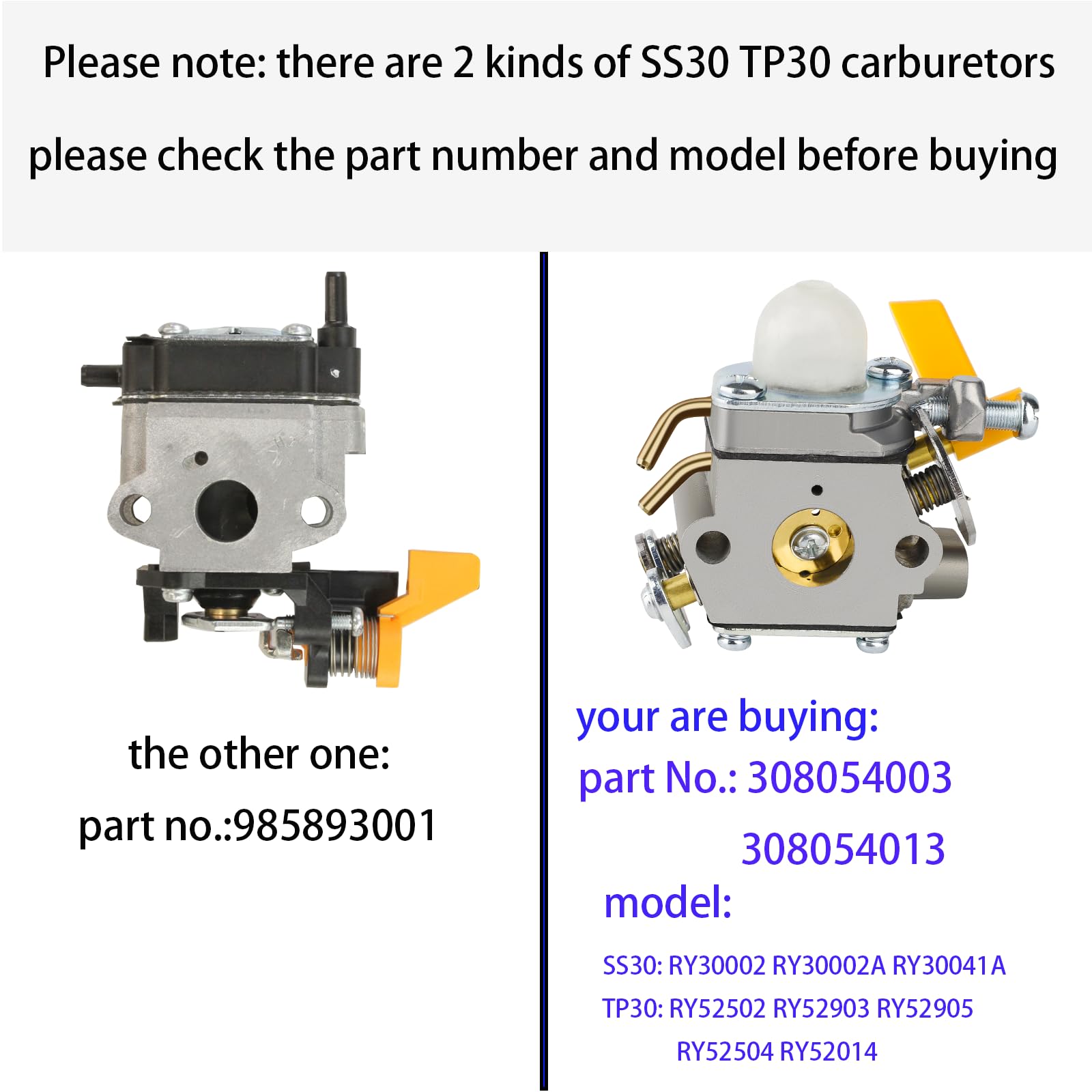 SIMPERAC carburetor label detail highlights broad compatibility with Ryobi and Homelite engines