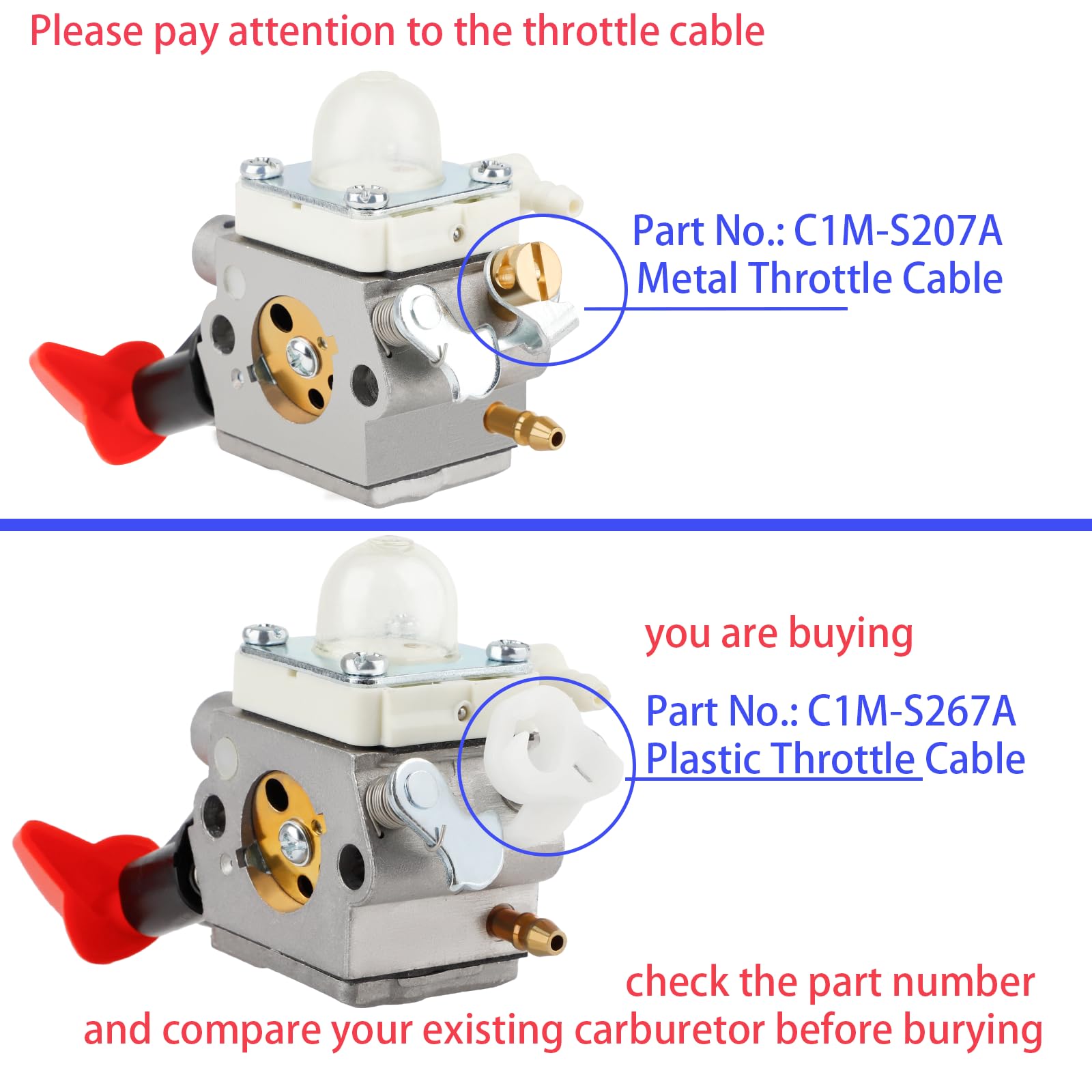 SIMPERAC FS56RC carburetor side view showing plastic throttle cable compatibility