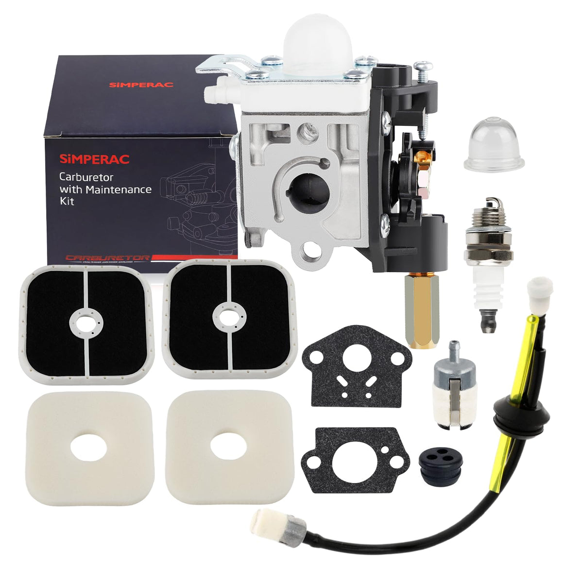 SIMPERAC SRM-266T carburetor close-up showing Echo compatibility for quick replacement.