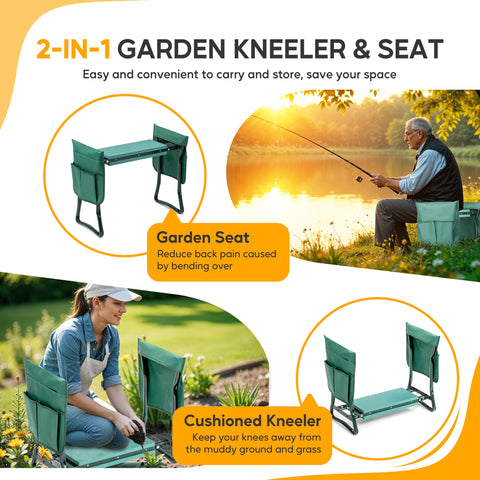 Gardener uses Simple Deluxe kneeler as a seat while pruning.