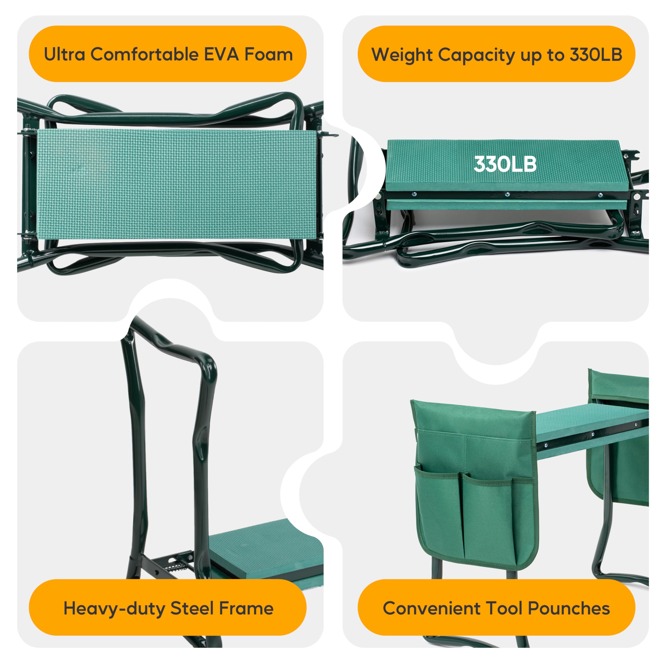 Sturdy steel frame of Simple Deluxe kneeler supports up to 330 pounds.