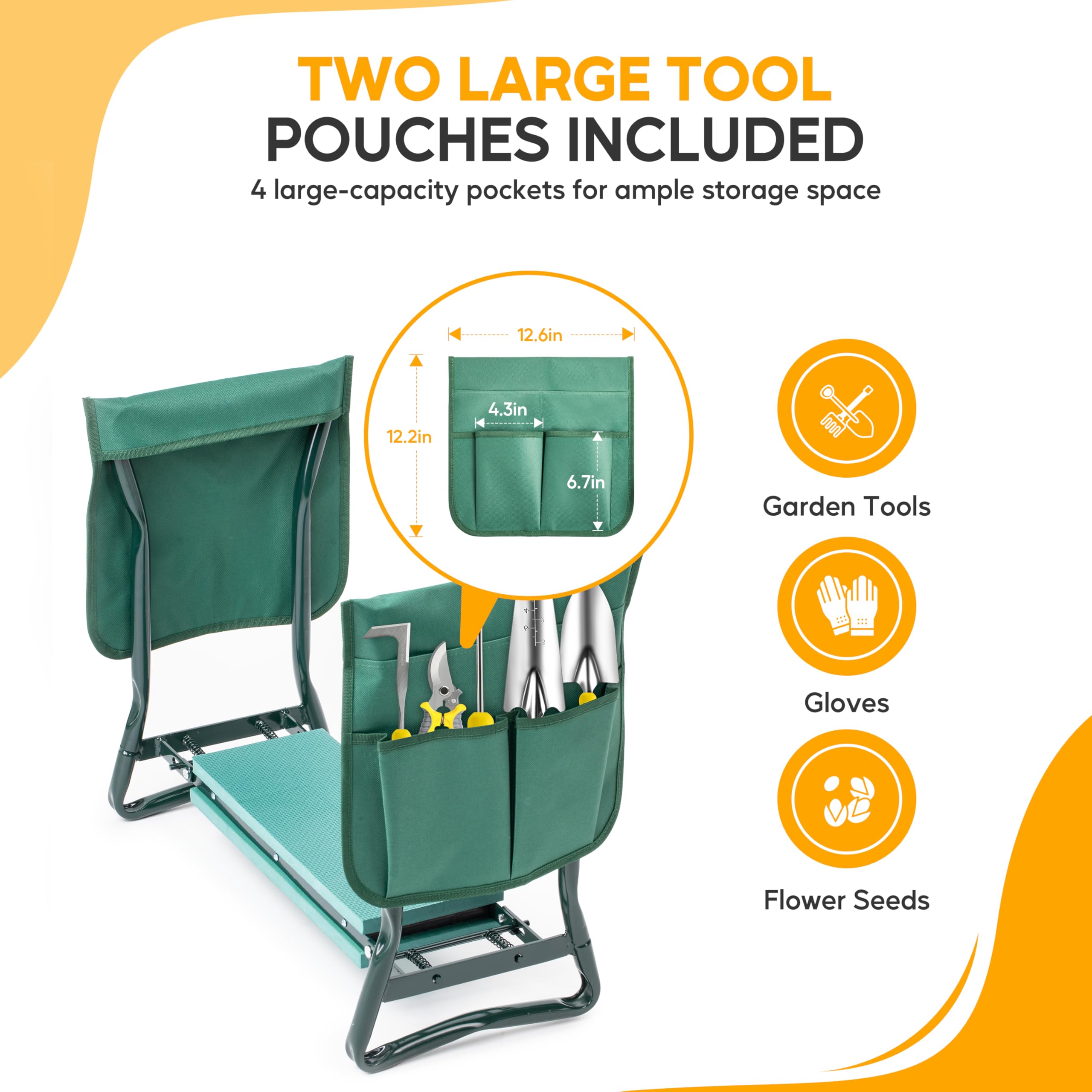 Kneeler with two large tool pouches ready for gardening tools.