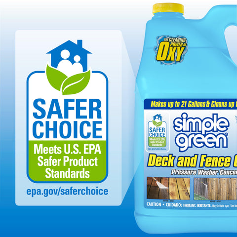 Simple Green Oxy Solve bottle beside garden fence highlights fragrance-free formula.