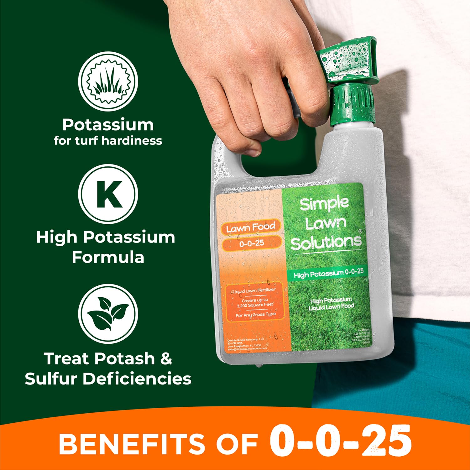 Simple Lawn Solutions 0-0-25 with hose-end sprayer attached for even coverage