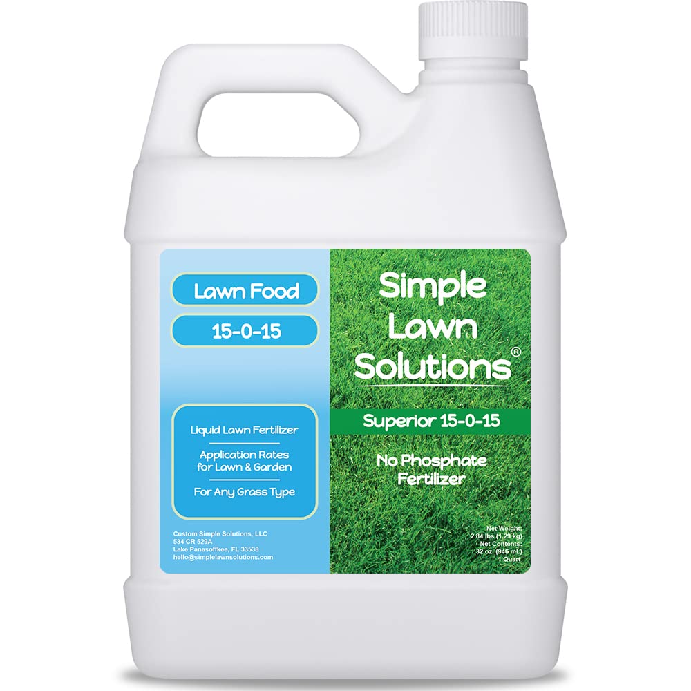 Simple Lawn Solutions 15-0-15 bottle close-up showing phosphorus-free lawn formula.