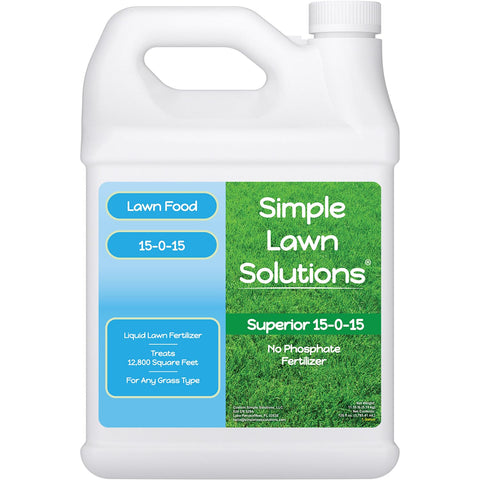 Simple Lawn Solutions 15-0-15 fertilizer bottle for even application and greener turf.