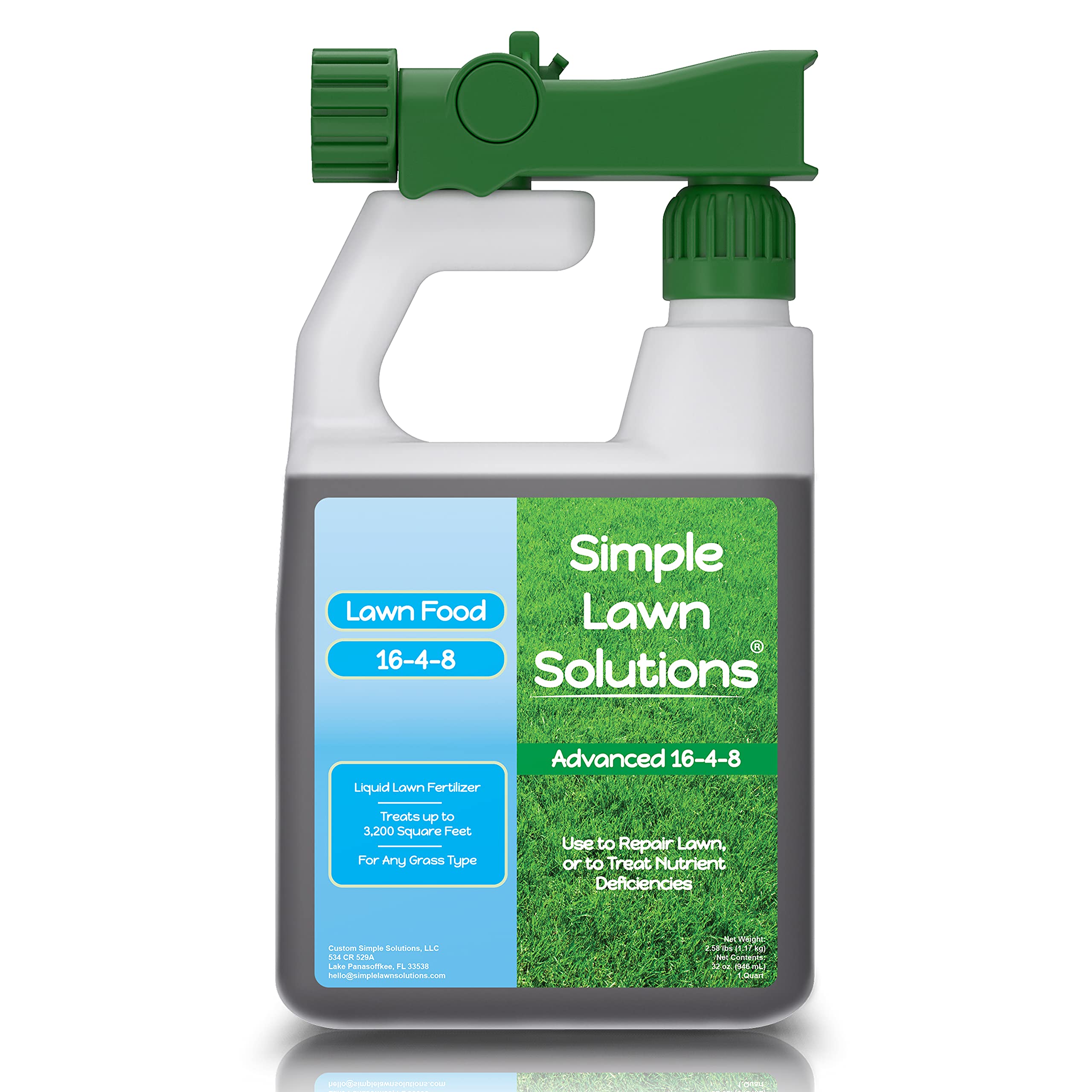 Simple Lawn Solutions 16-4-8 bottle delivering balanced nutrients for a lush, green lawn.