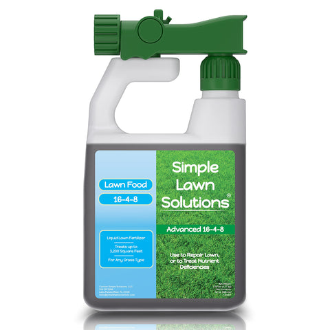Simple Lawn Solutions 16-4-8 bottle delivering balanced nutrients for a lush, green lawn.