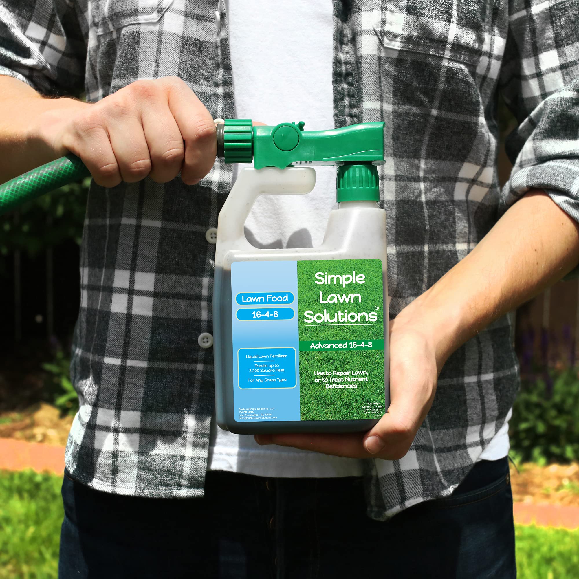 Lush green lawn shown after Simple Lawn Solutions 16-4-8 application.
