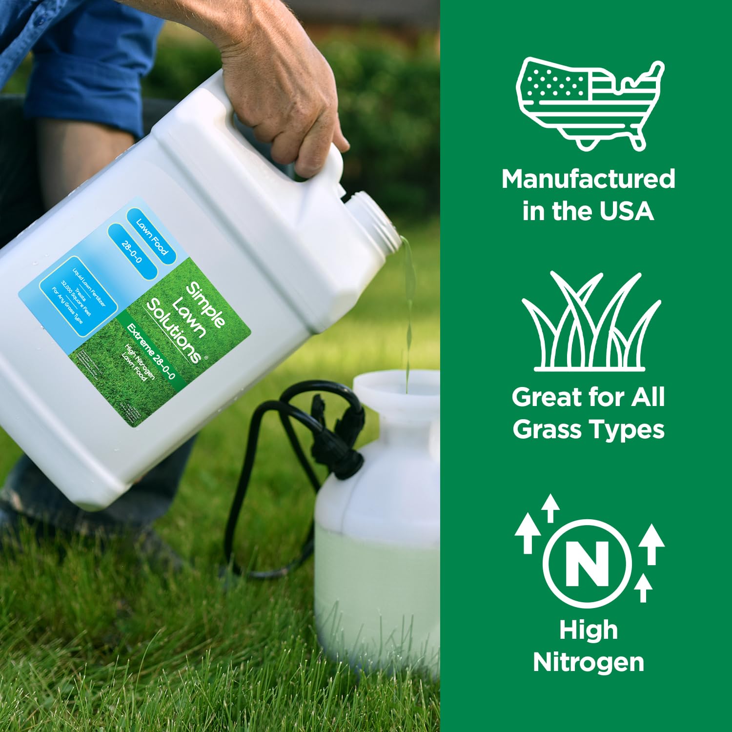 Simple Lawn Solutions 28-0-0 shown on all grass types for versatile care.
