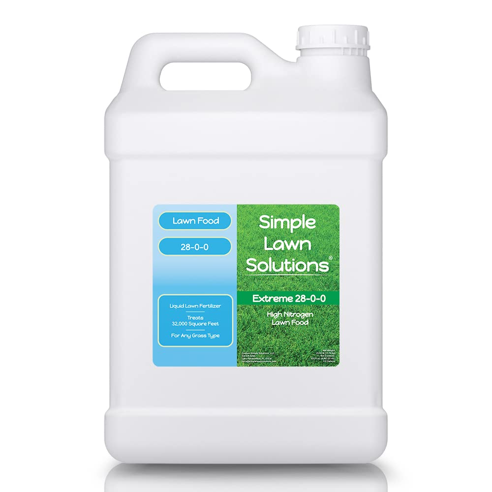 Simple Lawn Solutions 28-0-0 bottle displaying high-nitrogen formula for rapid lawn greening.