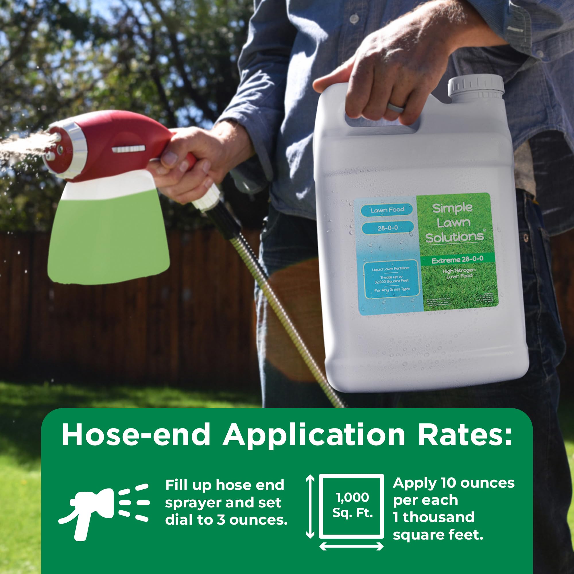 Simple Lawn Solutions 28-0-0 covers up to 32,000 sq ft with hose-end sprayer.