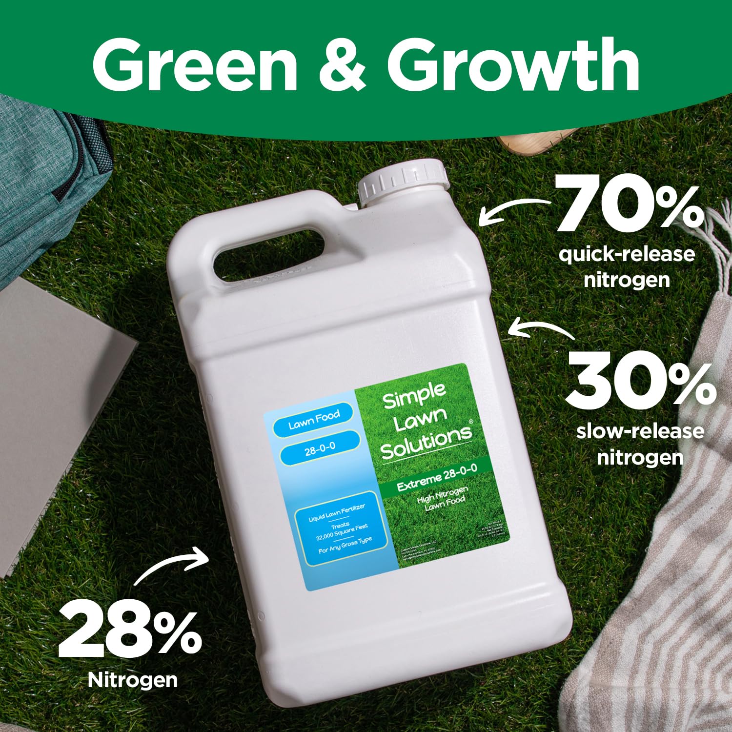 Simple Lawn Solutions 28-0-0 hose-end sprayer use over a healthy lawn.