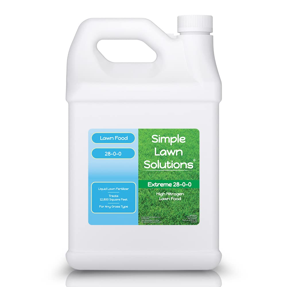 Simple Lawn Solutions 28-0-0 lawn fertilizer bottle promotes thicker, greener turf.