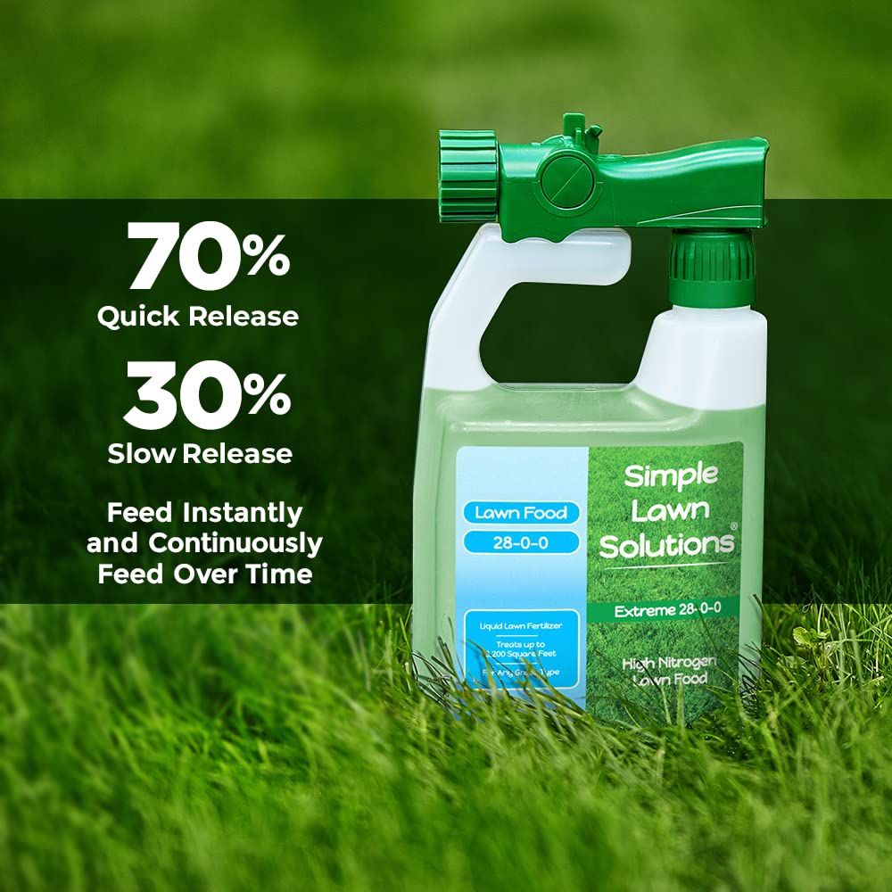 Simple Lawn Solutions 28-0-0 slow-release nitrogen sustains growth between applications.