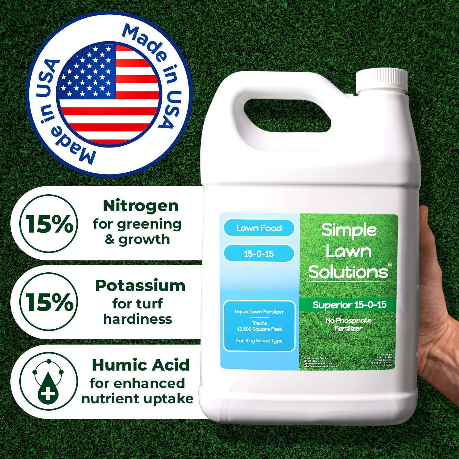 Simple Lawn Solutions bottle showing coverage up to 12,800 sq ft for large lawns.
