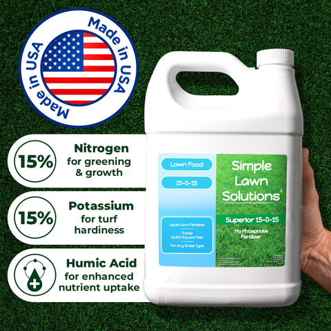 Simple Lawn Solutions bottle showing coverage up to 12,800 sq ft for large lawns.
