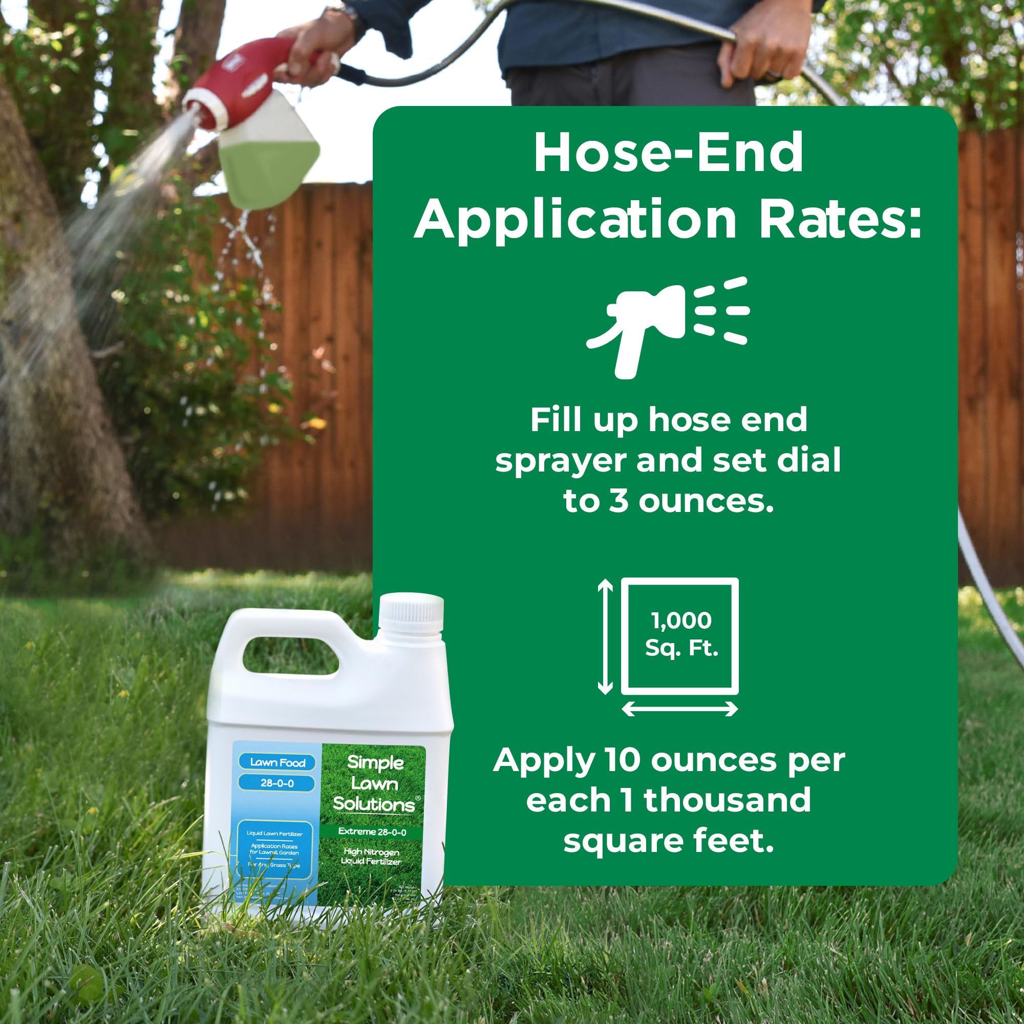 Lawn area with hose-end sprayer showing 3,200 sq ft coverage.