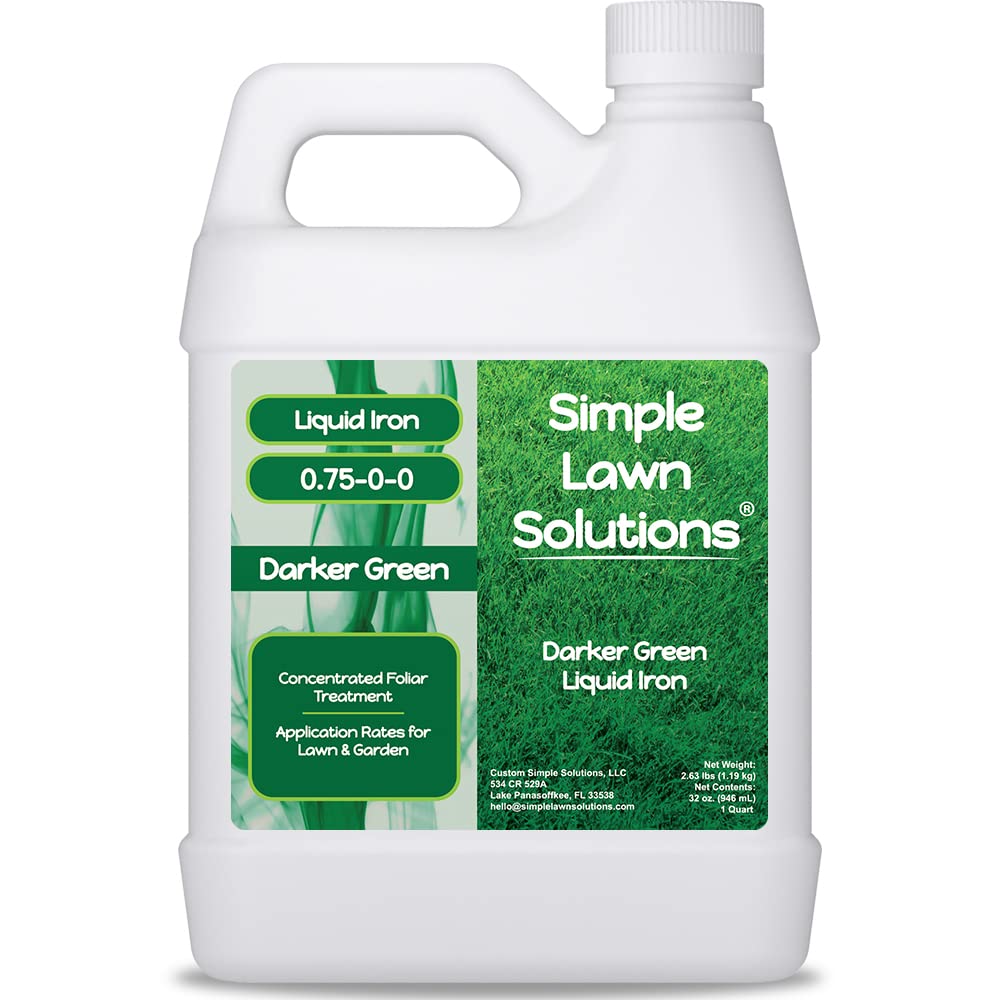Simple Lawn Solutions bottle with darker-green liquid iron for greener lawns