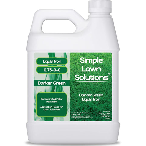 Simple Lawn Solutions bottle with darker-green liquid iron for greener lawns