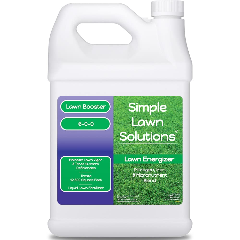 Simple Lawn Solutions Lawn Energizer bottle demonstrates nutrient delivery for lush greens.