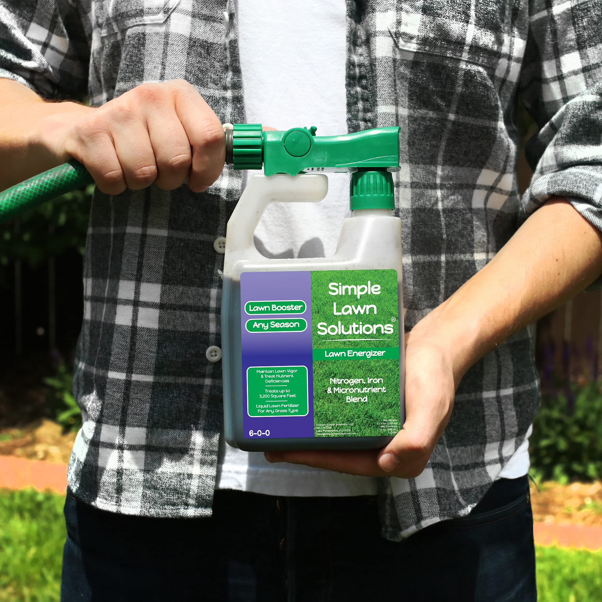 Front label of Lawn Energizer bottle highlighting USA-made production