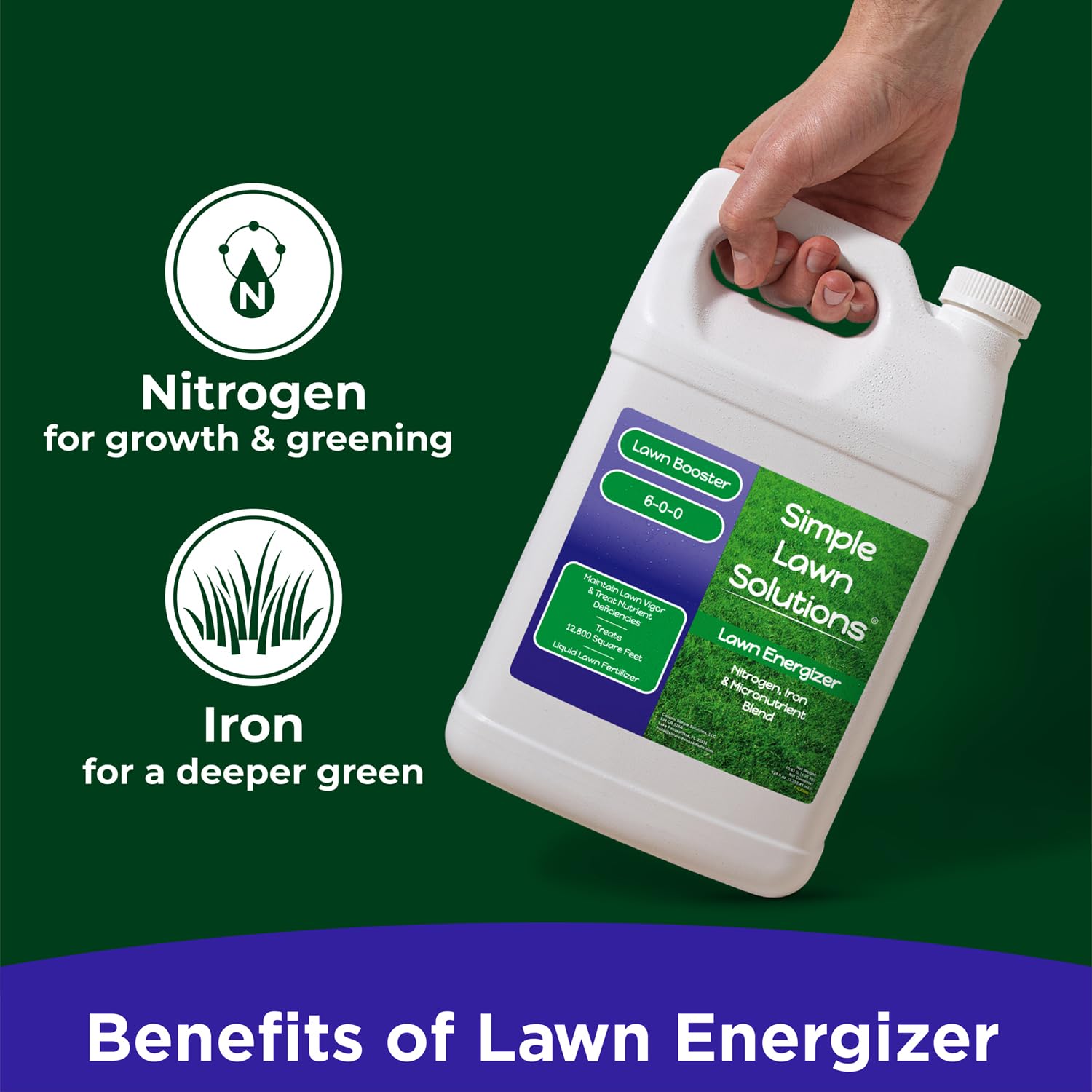 Lawn Energizer spray attachment shown for even turf coverage.