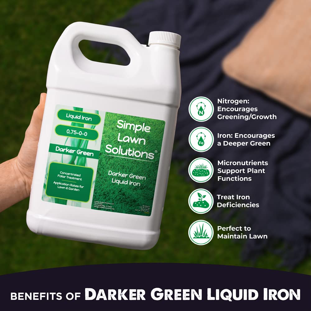 Simple Lawn Solutions liquid iron fertilizer label highlights chelated micronutrients.