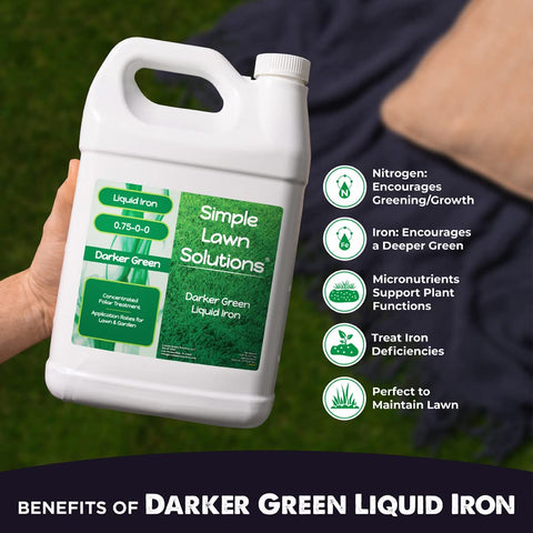 Simple Lawn Solutions liquid iron fertilizer label highlights chelated micronutrients.