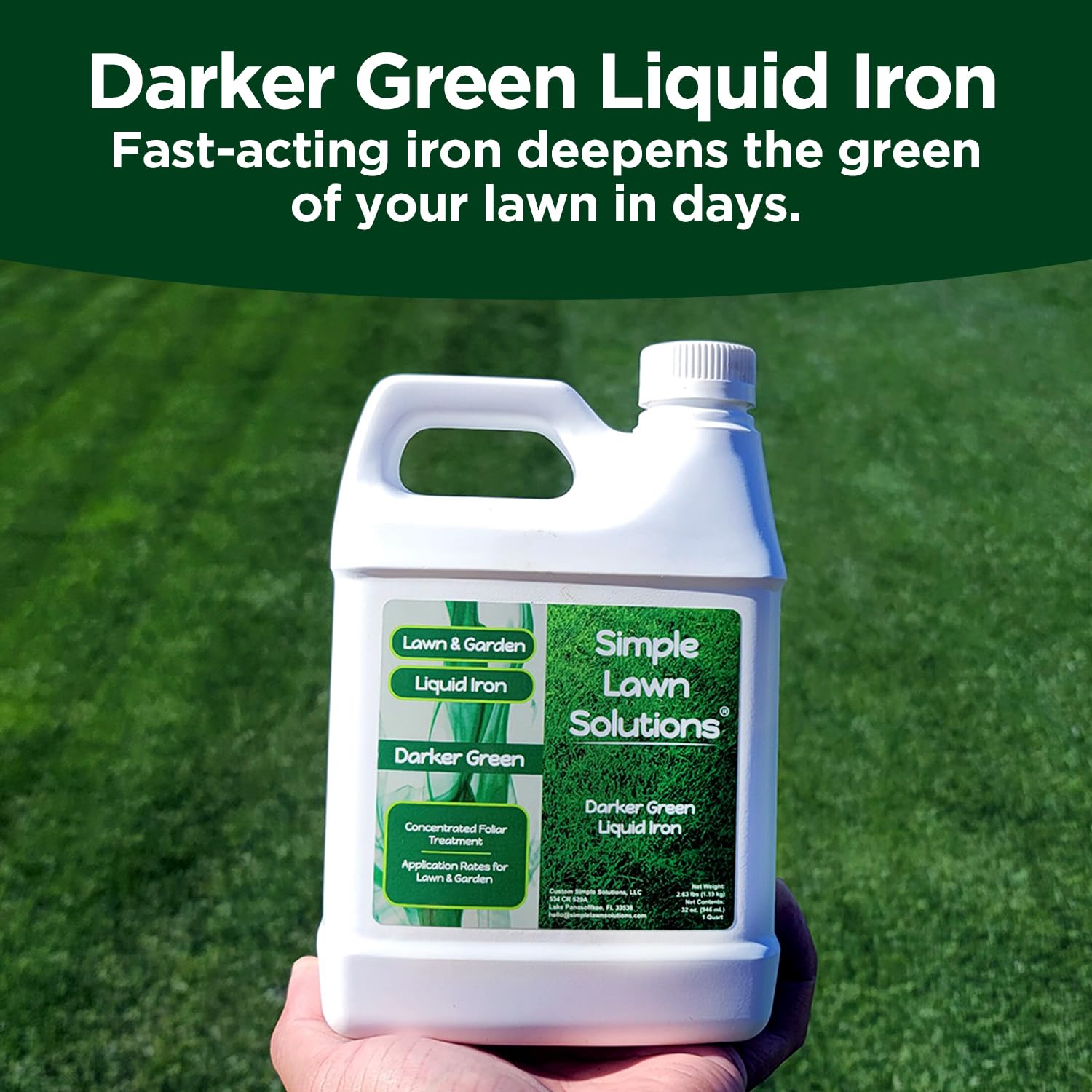 Lawn care action: pouring Simple Lawn Solutions liquid iron into spray area