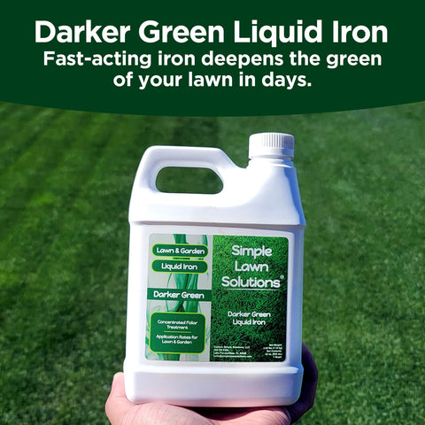 Lawn care action: pouring Simple Lawn Solutions liquid iron into spray area